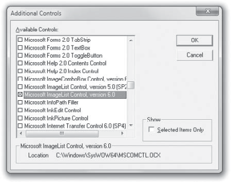 In the Additional Controls dialog box, select the check boxes for the controls you want to add, and then click the OK button.