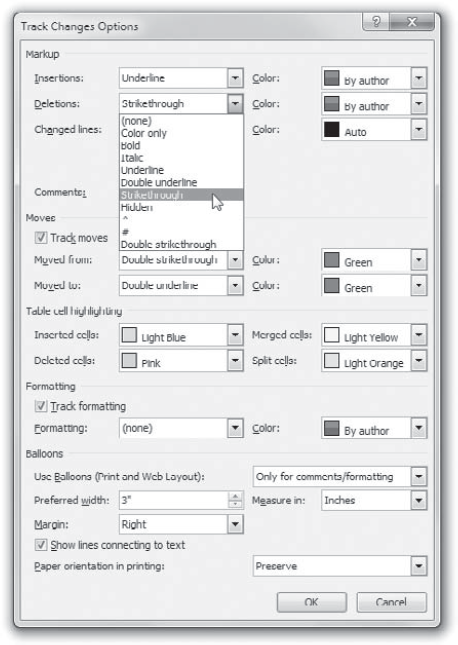 The Track Changes Options dialog box in Word