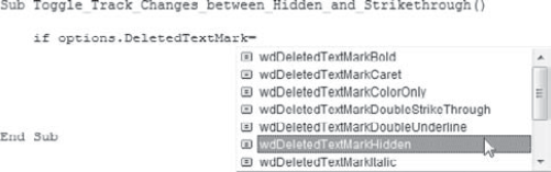 The Visual Basic Editor's List Properties/Methods list displays the constants available for the DeletedTextMark property.