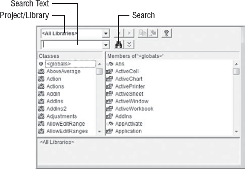 Use the Object Browser to find the objects, methods, and properties you need for a procedure.