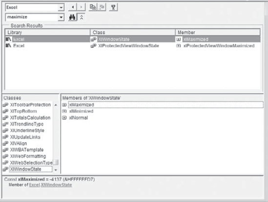 The result of the search for "maximize" in the Object Browser