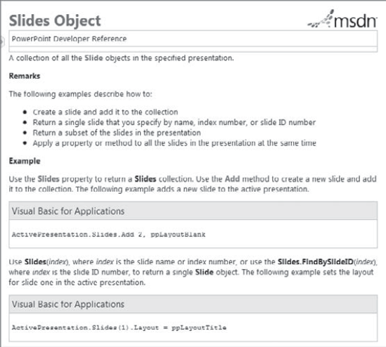 The Slides Collection Object Help screen