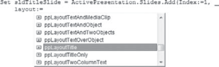 Choose the ppLayoutTitle constant for the Layout argument.