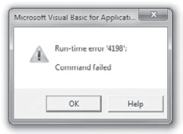 The Visual Basic Editor displays a VBA error message box when it encounters an unhandled error in an executed command.