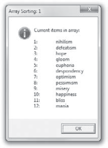 The Sort_an_Array procedure displays a message box of the unsorted terms so that the user can see how things start out.