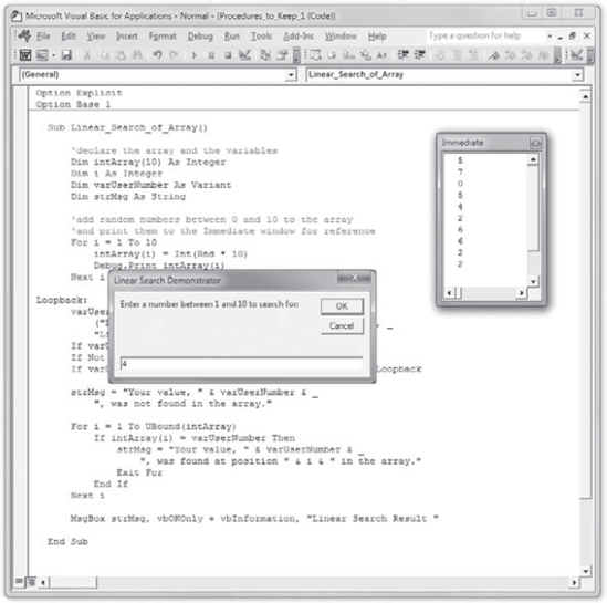 The Linear_Search_of_Array procedure displays an input box prompting the user to enter a number between 1 and 10. The array itself is printed in the Immediate window.