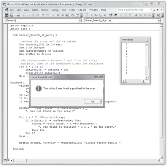 Line 34 of Listing 7.2 displays a message box telling the user the result of the linear search operation.