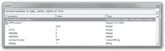 Use the Locals window to track the values of the intTop, intMiddle, and intBottom variables as the procedure runs.