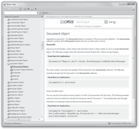 Here's what you'll get if you display Help on the Document objectin Word.