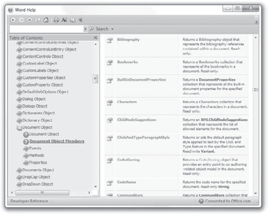 Click on a link to display a topic. Here, you can see that the Document object contains a plethora of other objects, including Bookmarks and Characters.