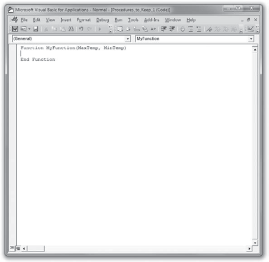 When you type a Function statement and press Enter, the Visual Basic Editor automatically inserts a blank line and an End Function statement for you.