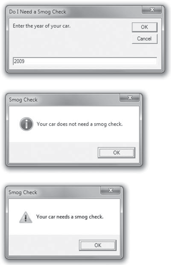 The TestForSmog procedure prompts for the car's year and then displays a message box stating whether the car needs a smog test.