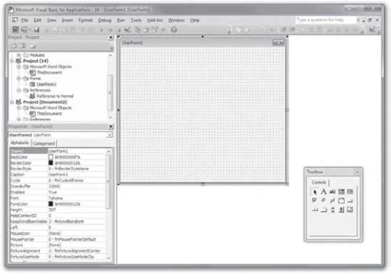 The first step in creating a new dialog box is to start a new user form. The Visual Basic Editor displays the Toolbox when a user form is the active window.