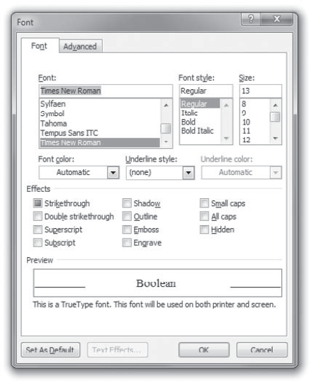 By setting the TripleState property of a check box to True, you can display a check box in a null state. Here Word's Font dialog box shows the Strikethrough check box in a null state (filled in, but not checked).