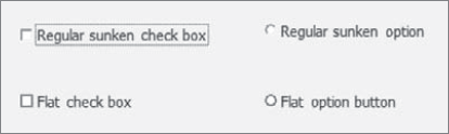 Use the SpecialEffect property to display a flat check box or option button (bottom line) rather than the normal sunken check box or option button.