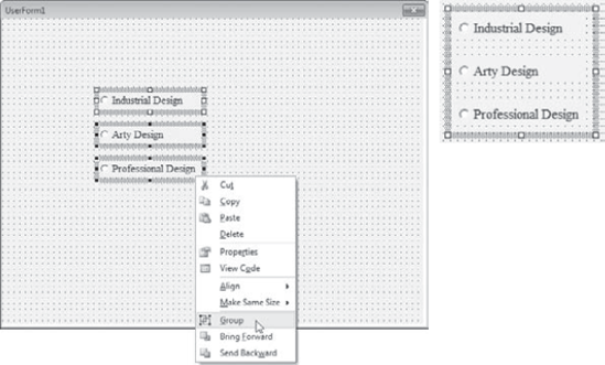 You can work with multiple controls simultaneously by grouping them. VBA indicates a group of controls by placing a border around the entire group, as shown on the right.