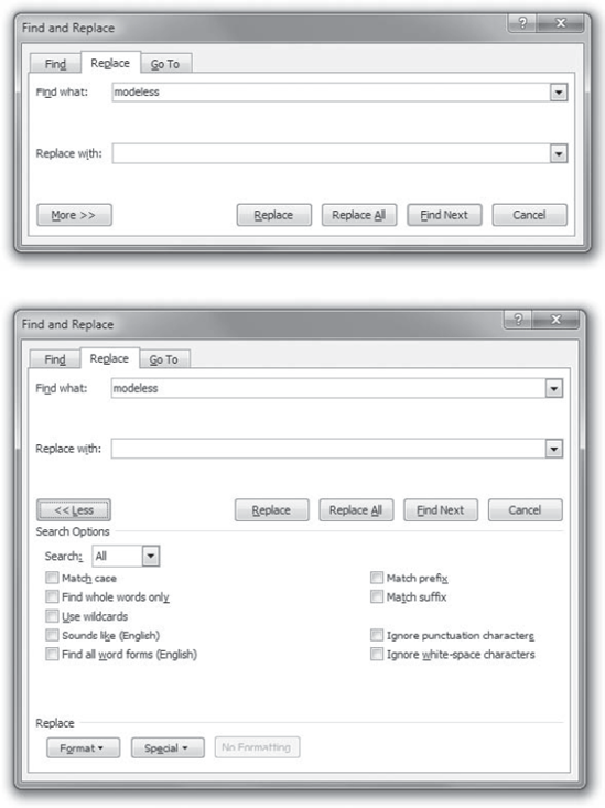 Word's Find And Replace dialog box hides some of its options (above) until you click the More button to display its lower half (below).