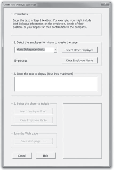 The second stage of the Create New Employee Web Page dialog box. Notice the changes from the first stage: The instructions in the Instructions frame have changed, and the use of the step 1 combo box drop-down list has enabled the step 2 frame.