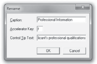 Use the Rename dialog box to set the caption, accelerator key, and control-tip text for a page.