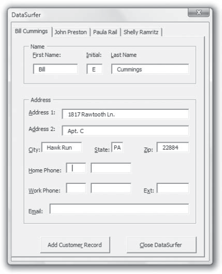 Using a TabStrip control to create a multitab dialog box. The tab strip is used to control which set of information is displayed in the other controls in the dialog box.