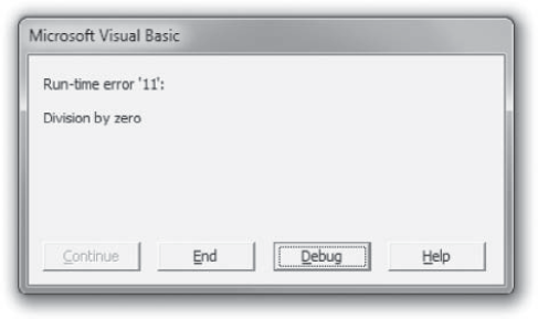 An unhandled runtime error causes VBA to display a message box such as this one.