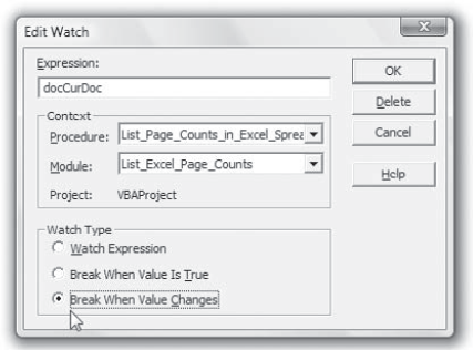 You can edit your watch expressions in the Edit Watch dialog box.