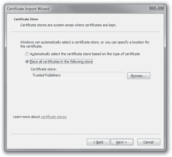 On the Certificate Store page of the Certificate Import Wizard, choose the certificate store in which to store the certificate you're importing.