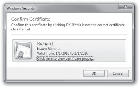 Use this Windows Security dialog box to confirm your choice of certificate with which to sign the macro project.