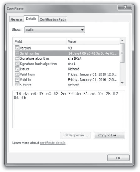 The Details page of the Certificate dialog box contains a host of details about the certificate.