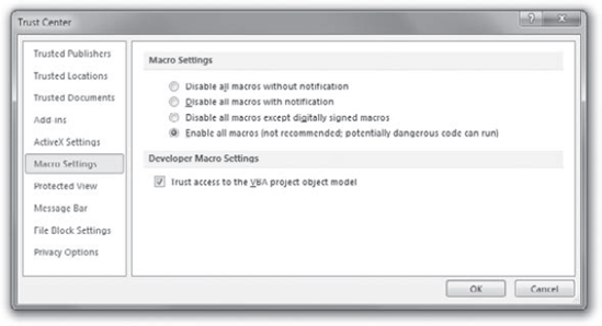 On the Macro Settings page of the Trust Center dialog box, choose the level of security you want to use when running macros.