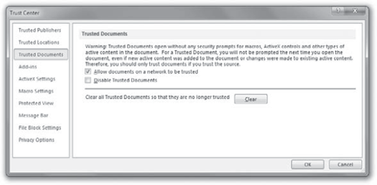 On this page of the Trust Center dialog box, choose whether you want to trust individual documents on a case-by-case basis.