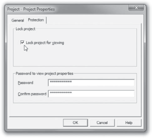 Use the Protection page of the Project Properties dialog box to lock the project.