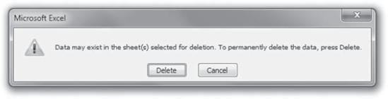 When deleting a worksheet, you must either suppress alerts in Excel or have the user confirm the deletion in this dialog box.