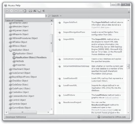 The entries in the Access object model reference will help you write your own VBA code.