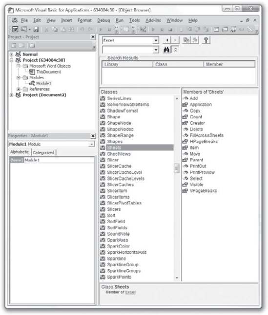 Once you've loaded the Excel object library, you can view its contents in the Object Browser from the VBA Editor session launched from the host application (in this case, Microsoft Word).