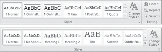 Word's Ribbon with (above) and without its Editing group (below)