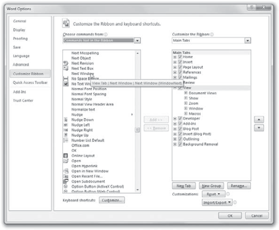 Hover your mouse pointer over any command in this list to see the correct ID to use in your XML code. In this example, you can see that the Next Window command has an ID of WindowNext.