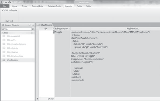 Here's the special table you can use in Access to store your XML code when modifying the Ribbon.