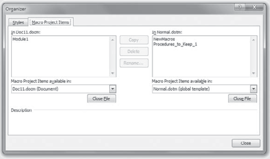 Organizing Macros in Word with the Organizer Dialog Box