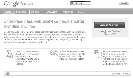 The Google Analytics homepage
