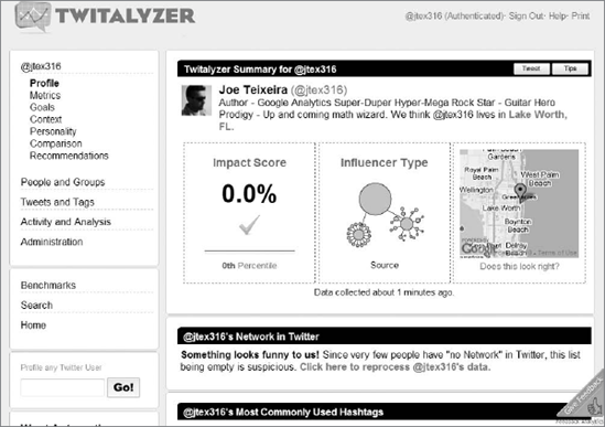 My own Twitalyzer account homepage
