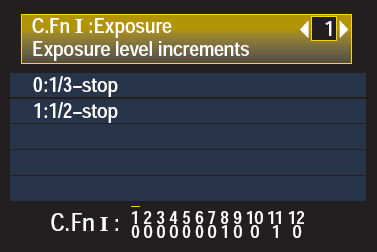 The Exposure level increments Custom Functions (C.Fn) screen