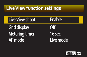 These are the options that you can set for Live View shooting on the Setup 2 menu.