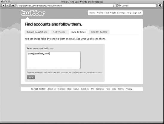 The Twitter Invite By Email screen.