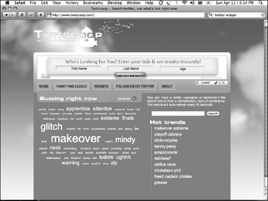 TwitScoop shows you a tag cloud and hot trends.