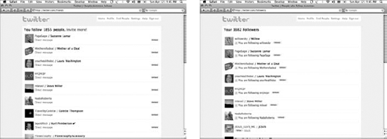 Twitter lets you see who's following you (left) and whom you follow (right).