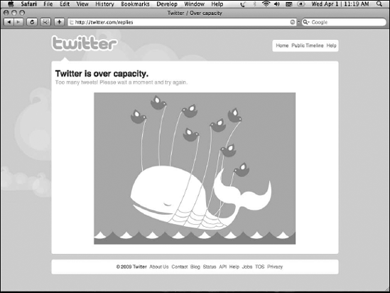 The Fail Whale appears when Twitter's traffic exceeds its server capacity.