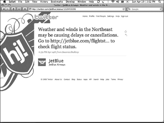 JetBlue notifies customers of weather delays and where to go for flight-delay information through Twitter.