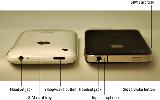 The top side of the iPhone 3G and iPhone 3GS (left) and the iPhone 4 (right).