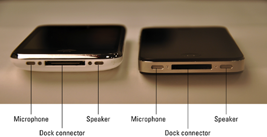 The bottom side of the iPhone 3G and iPhone 3GS (left) and the iPhone 4 (right).